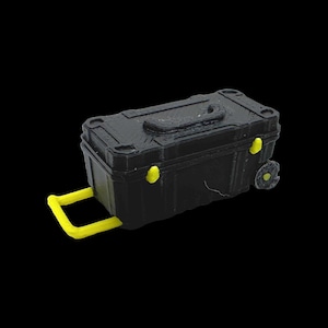 May include: A black rolling toolbox with yellow accents. The toolbox has a handle and wheels for easy transport. The toolbox is made of a durable material and is designed to hold tools and equipment.
