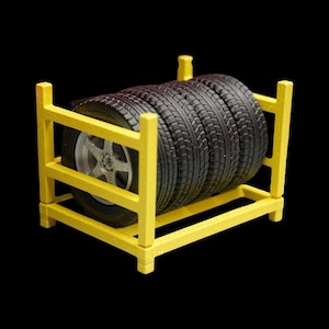 May include: A yellow tire rack contains a set of black tyres with silver rims. The tyres are stacked horizontally within the rack, showcasing their tread patterns. The rack is a bright yellow colour, contrasting with the black tyres and the dark background.
