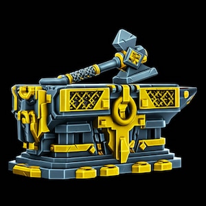 May include: A detailed miniature anvil and hammer set. The anvil is gray and yellow with intricate geometric designs. The hammer has a gray head and a patterned handle. The set is designed with a fantasy theme.