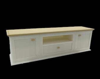Miniature TV Stand – White with Wood Color Accents | 112, 118, 124 Scale