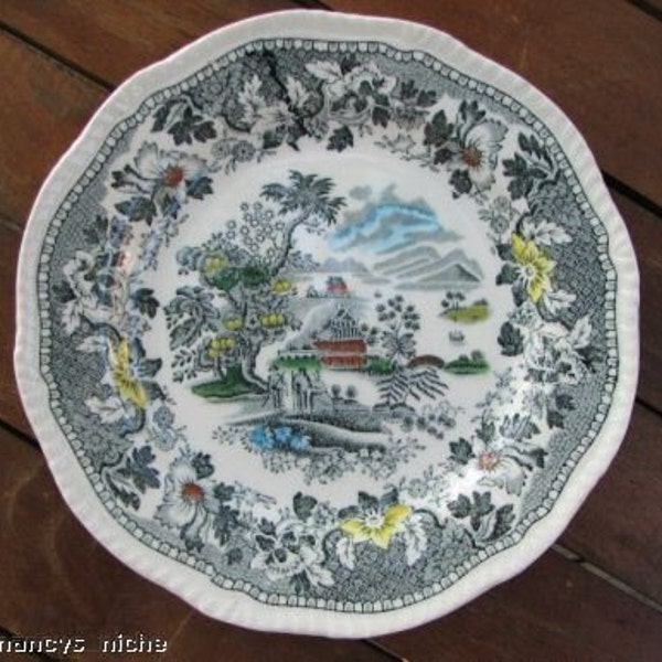 England Old Scenic and Floral Black Transferware Plate