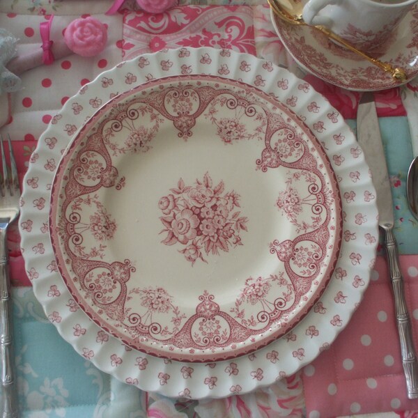 Red Pink Vintage English Transferware Plate Shabby Roses and scrolls