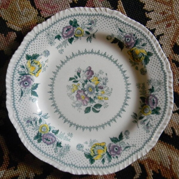 Shabby Teal Green Lavender and Yellow Roses and Daisies  Transferware Plate Polychrome
