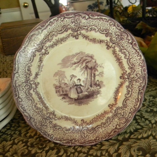 Circa 1891 Purple Transferware Old Curiosity Shop Ridgway Plate Charles Dickens RARE  Garden in the Church Yard