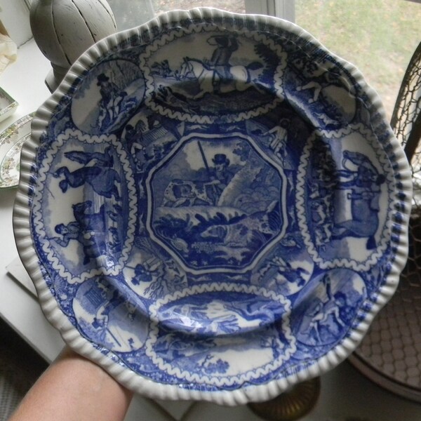 Anqitue Spode Copeland Blue Transferware English Hunt Scene Plate Dogs Horses Huntsmen