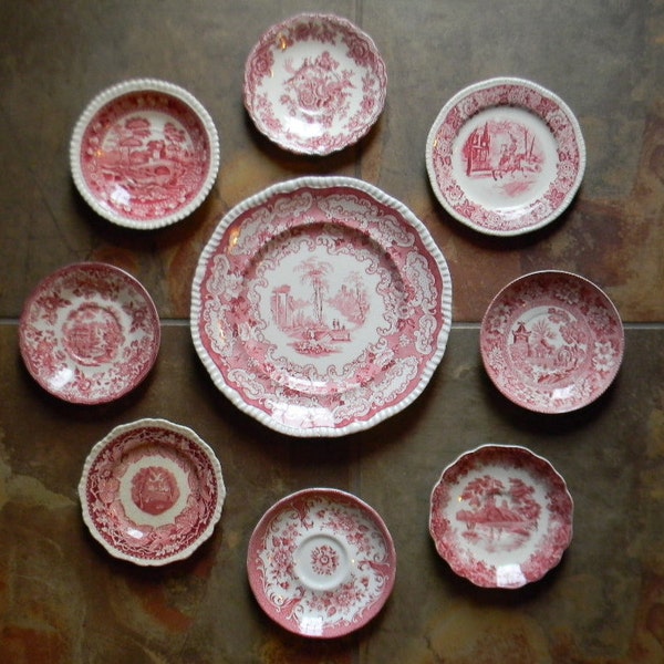 9 Mix n Match Red Transferware Plates Instant Wall Display or Collection