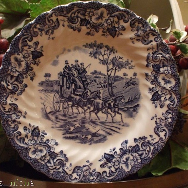 Blue Transferware Plate Dogs Horses Stagecoach Roses