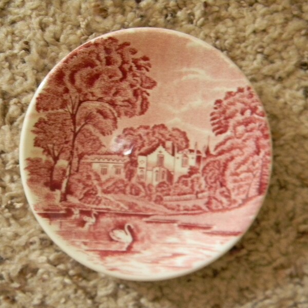 Strawberry Hill Thames River Scenes Red Pink Transferware Coaster Butter Pat Plate Swans Church