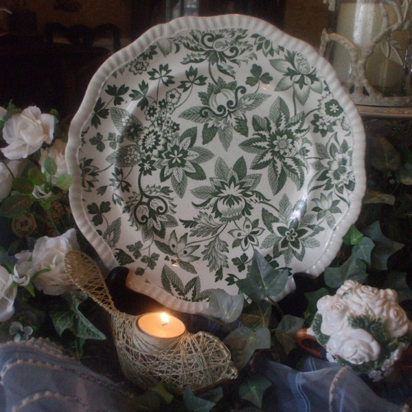 Vintage Green Transferware Plate Spode Copeland  English Floral Toile