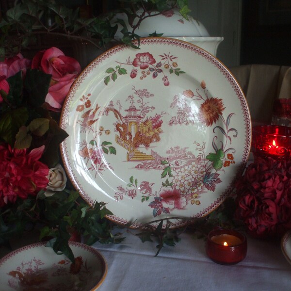 Antique Aesthetic Transferware Red Polychrome Oriental Motif Plate Flowers Pagoda