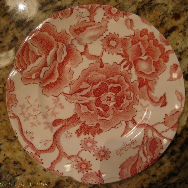 Red Transferware Plate Cabbage Roses and Flowers