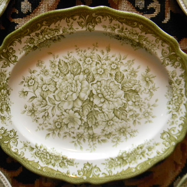 Vintage Olive Green Transferware Platter Roses Daisies