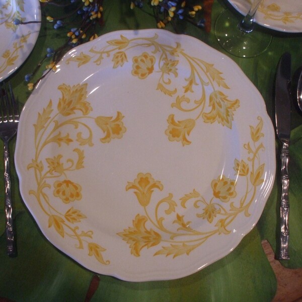 RESERVED for BEVERLY Set of 6 Vintage English  Salad Plate Yellow Scrolls and Vines on White Ironstone