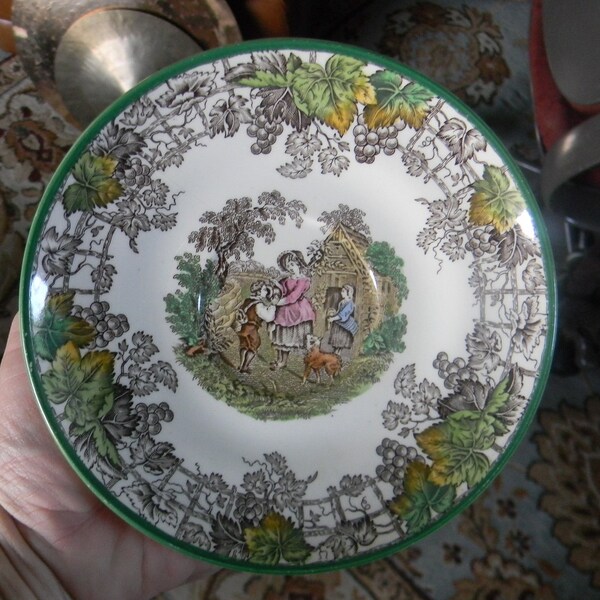 Spode Brown Transferware Saucer Plate Mother Boy Dog
