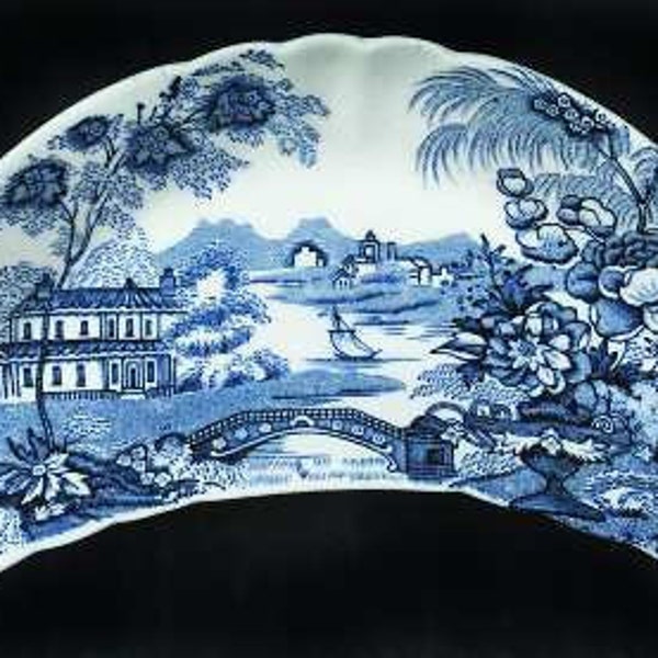 Scenic Blue Transferware Crescent Bone Dish Tonquin