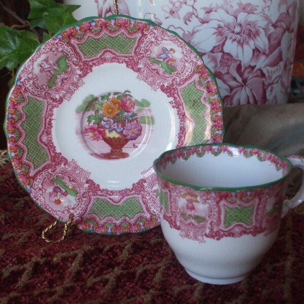Red Transferware Polychrome Spode Copeland Demitasse Cup and Saucer Seasons with Angels and Flowers