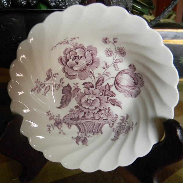 Lavender Purple English Transferware  Bowl Candy Dish  Charlotte Victorian Basket of FLowers Signed Clarice CLiff
