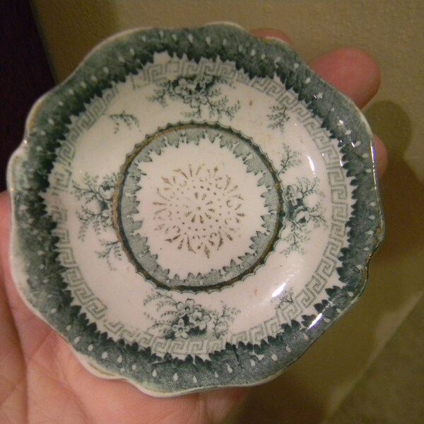 RESERVED for loveandsqualor1974 Antique Green Transferware Ironstone Butter Pat Flowers and Gold Trim