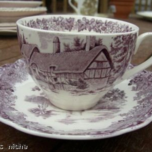 Purple Transferware Tea Cup and Saucer Romantic England Meakin
