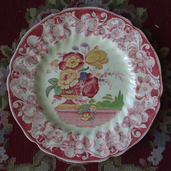 Vintage Red Transferware Polychrome Plate Royal Doulton Pomeroy Urn with Flowers