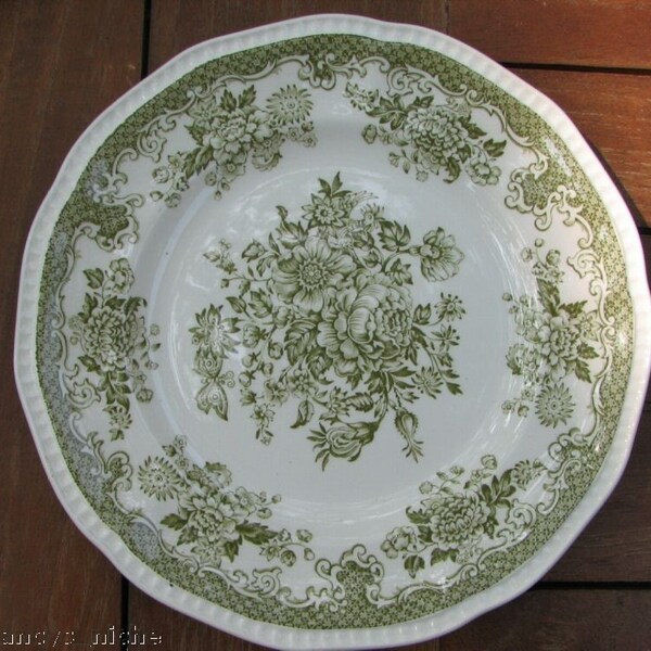 Vintage Sage Light Olive Green Transferware Plate Roses Bird Butterfly