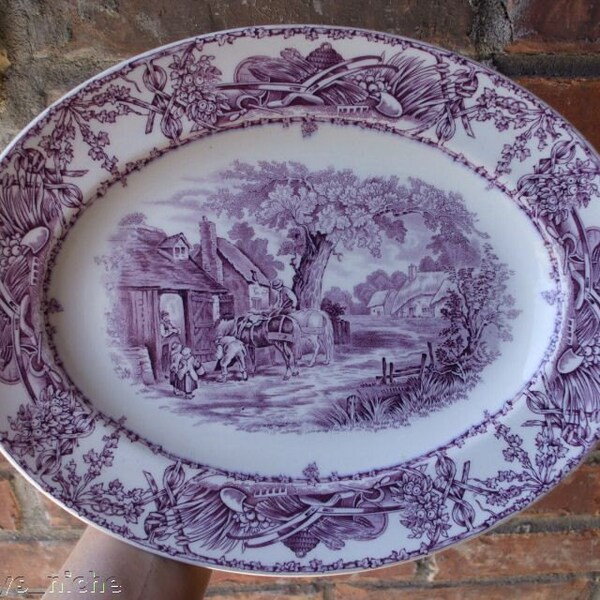 Purple Transferware Platter Children Horses Pastoral Davenport Rural Scenes