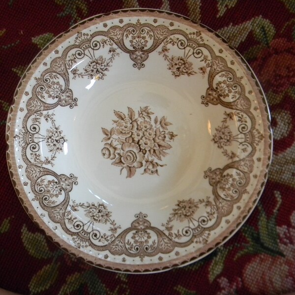 Brown Vintage English Transferware Victorian Plate Shabby Roses and Scrolls