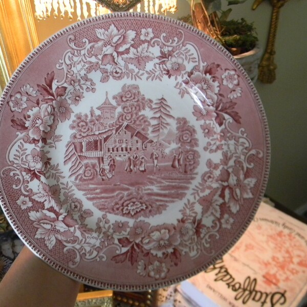 Red Pink Toile Transferware Plate Cottage Picnic and  Music Scene - Roses Border