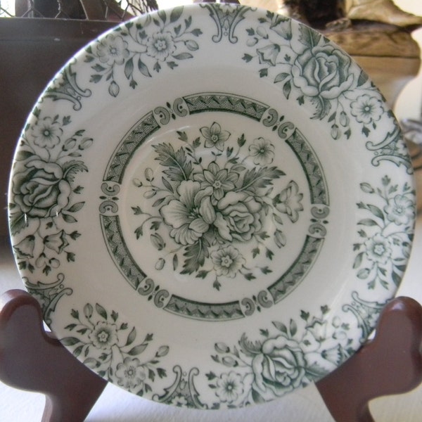 Vintage English Green Transferware  Saucer Plate Roses Flowers