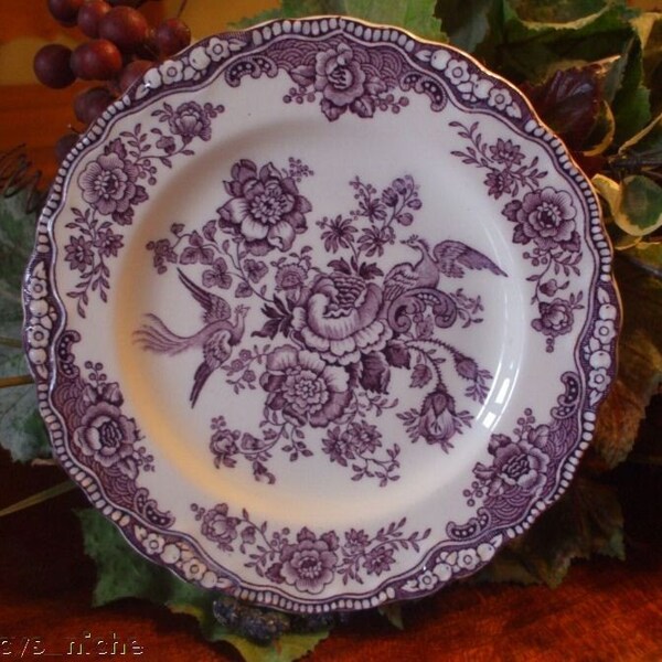 Purple Toile Transferware Bristol Plate Birds Flowers Roses