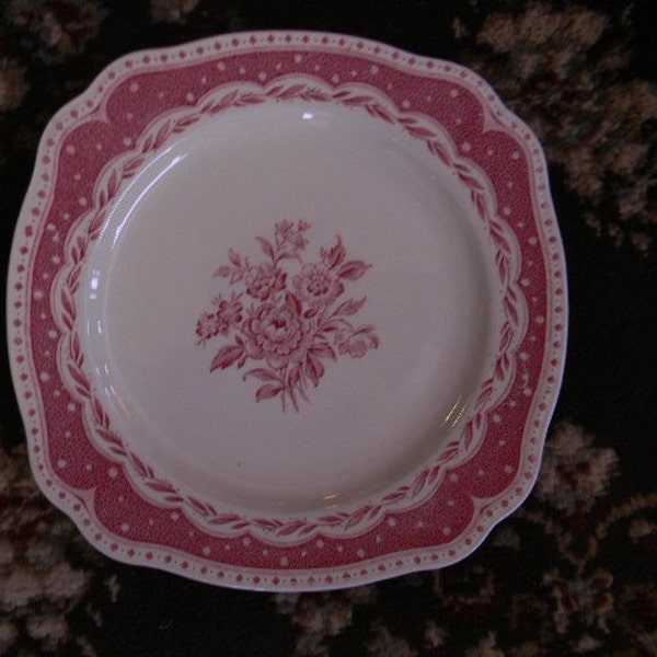 English Red Transferware Shabby Roses Square Plate