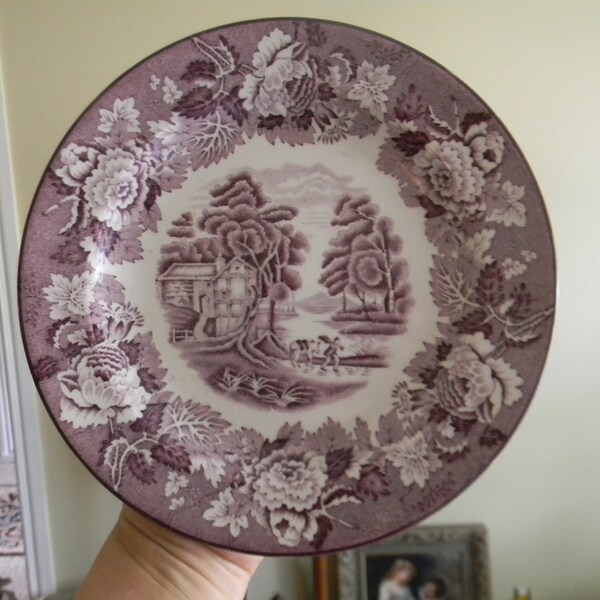 Purple Transfer Ware Plate Peonies Boy Donkey Farm English Scenery