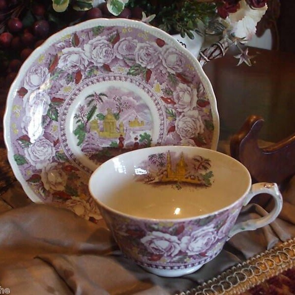 Purple Transferware Polychrome Cup and Saucer Ridgway Rare circa 1891 Oriental Scenery