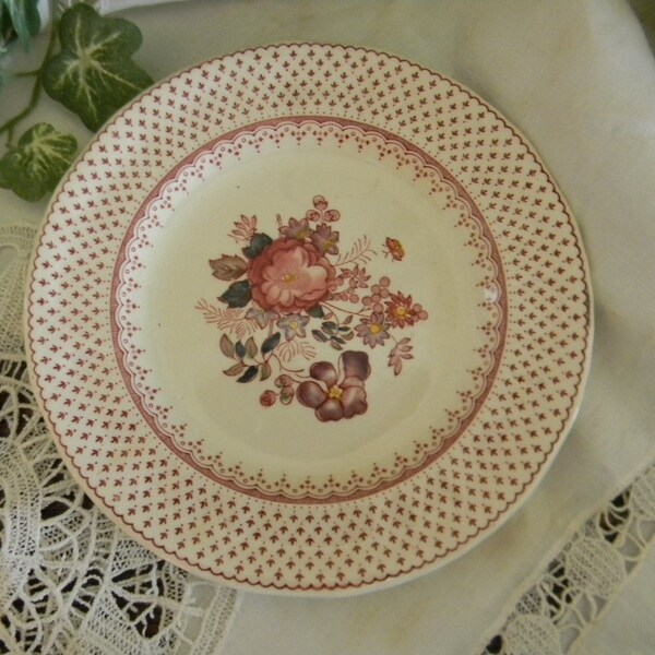 Pink Red Transferware Polychrome Plate Masons Paynsley Purple Pansies Flowers Fleur De Lis