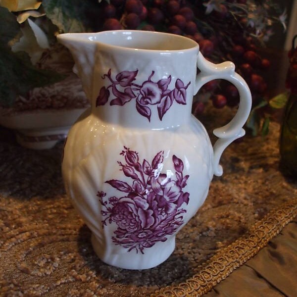 Purple Transferware Figural Pitcher with  Face Spout and Floral Transfer