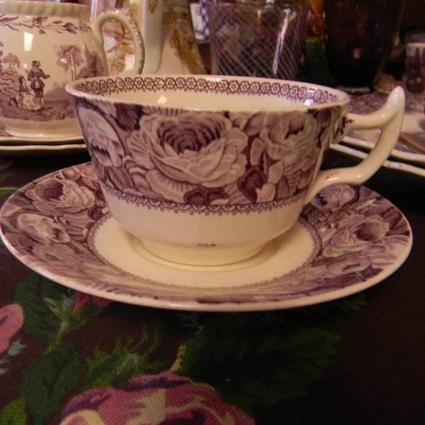 Purple Staffordshire Transferware Cup and Saucer June Roses