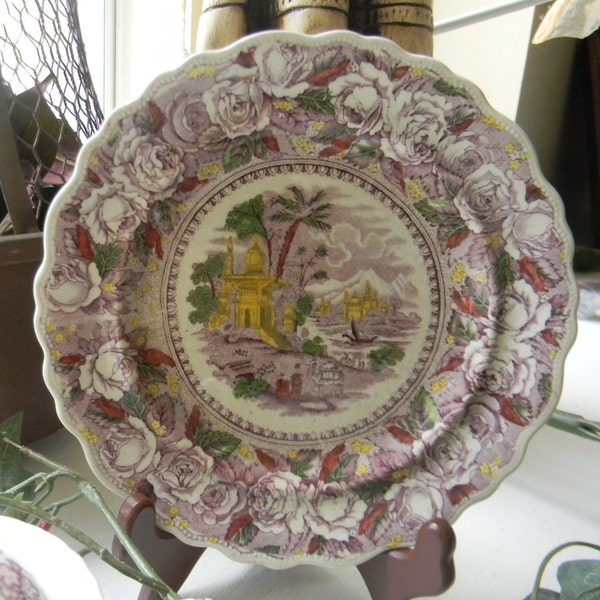circa 1891 Purple Polchrome Transferware Plate Ridgways Oriental Camel Mountains Ship Roses