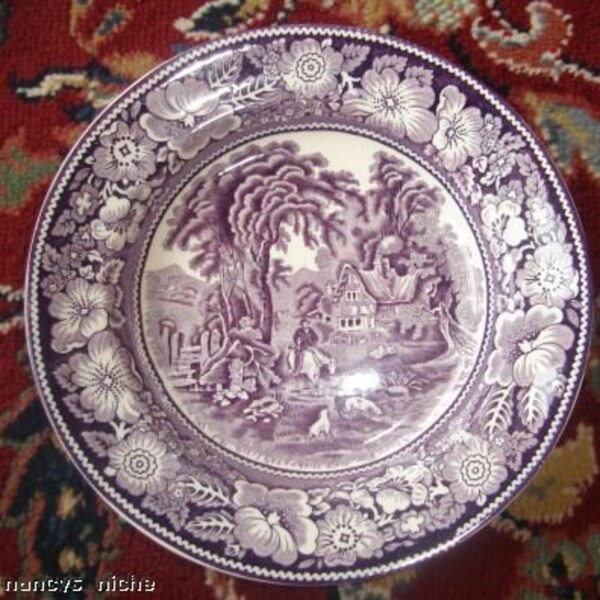 RESERVED for LAREN Midwinter Rural England Purple Transferware Bowl Cottage Dog Cattle