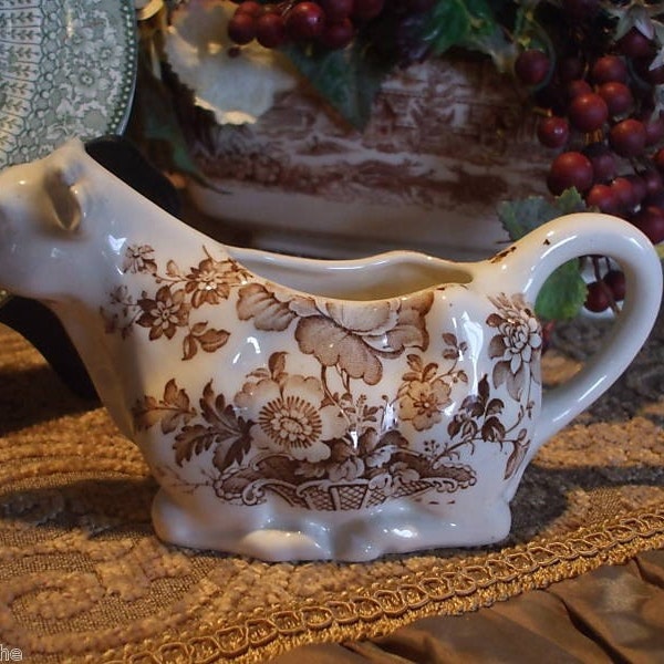 Vintage  Brown Transferware Charlotte Cow Creamer Pitcher