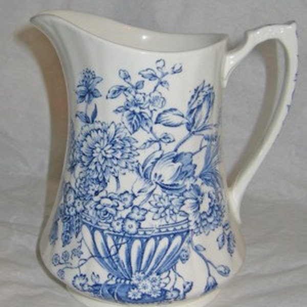 Blue Transferware Pitcher Floral Bounty by Meakin Basket of Flowers