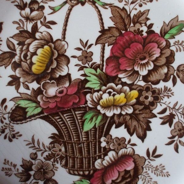 Brown with Gold Red Green Polychrome Transferware Victorian Basket of Roses 8 inch Plate