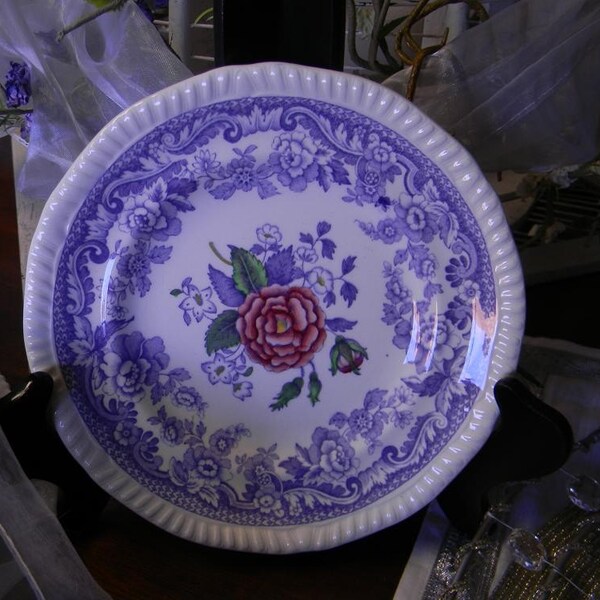 Spode Mayflower Vintage English Purple Periwinkle Lilac Transferware Plate with Pink Roses