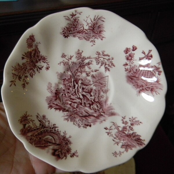 PURPLE TRANSFERWARE Saucer Plate Bridge, Fishing, Birds Scene
