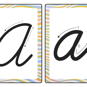 May include: Two white cards with a colorful border, each displaying a cursive lowercase letter "a" in black. Arrows indicate the stroke order for writing the letter. Educational material for learning handwriting.