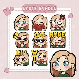 9 x Chibi Twitch Emote Pack, süße Twitch Emotes, blondes Mädchen, blondes Haar und blaue Augen, Twitch Emote Pack, Discord Emotes