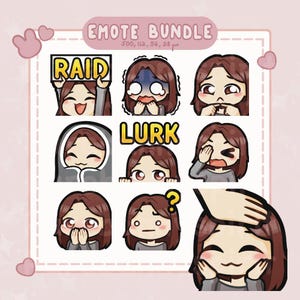 9 x Chibi Twitch Emote Pack, Cute Twitch Emotes, Brunette Girl, Brown Hair And Brown Eyes, Twitch Emote Pack, Discord Emotes