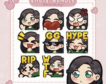Chibi Girl Twitch Emotes Pack, schwarzes Haar, Discord Emotes (Digitaler Download)