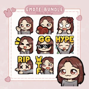 Paquete de 9 gestos chibi para Twitch, gestos adorables para Twitch, chica morena, cabello y ojos marrones, paquete de gestos para Twitch, gestos de Discord