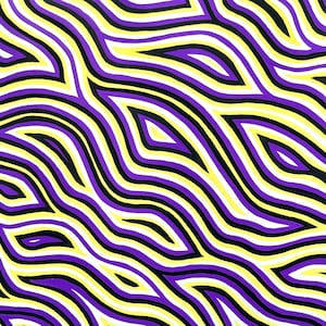 May include: Abstract pattern with wavy lines in shades of purple, yellow, and black. The lines are arranged in a diagonal pattern, creating a sense of movement.