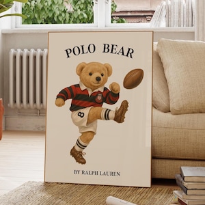 Poster di un orso del football americano, stampa su rivista di moda, decorazione di moda, decorazione da parete con orso della partita di rugby, poster di football americano, decorazione da parete con polo USA
